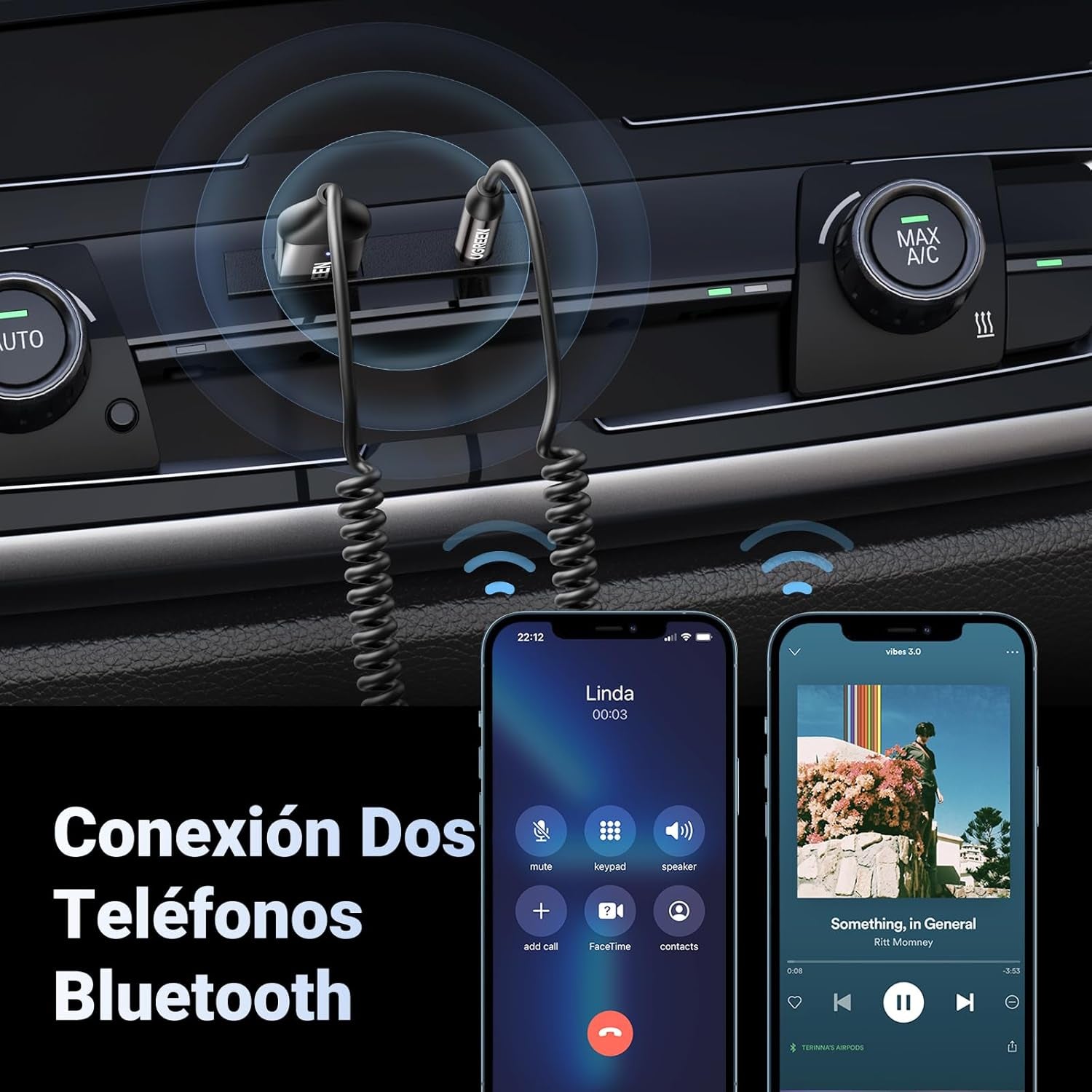 UGREEN Receptor Bluetooth 5.4 Adaptador Jack 3.5Mm Aux Auxiliar Conector Audio Coche Manos Libres, Gris Oscuro