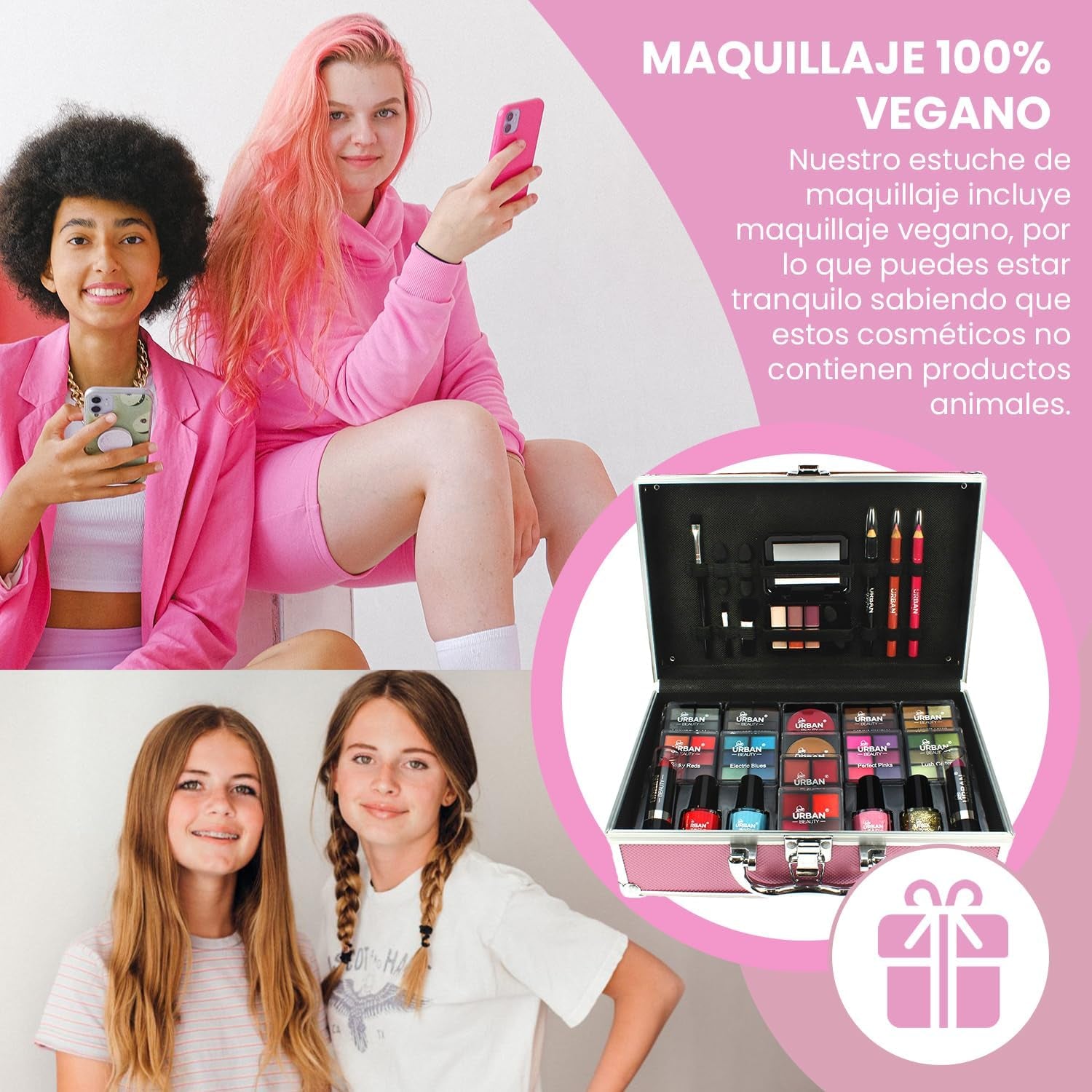 LOVE URBAN BEAUTY Vegano Neceser De Maquillaje Hot Pink De 82 Piezas Para Adolescentes Y Mujeres Adultas Con Sombras, Colorete, Pintalabios Y Productos Para Uñas