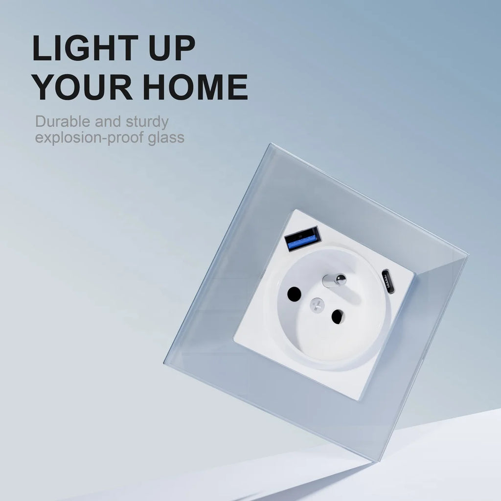 2024 New Fast Charging French Electric Wall Socket Stylish Glass Design with EU Plug Standards for Various Decorations