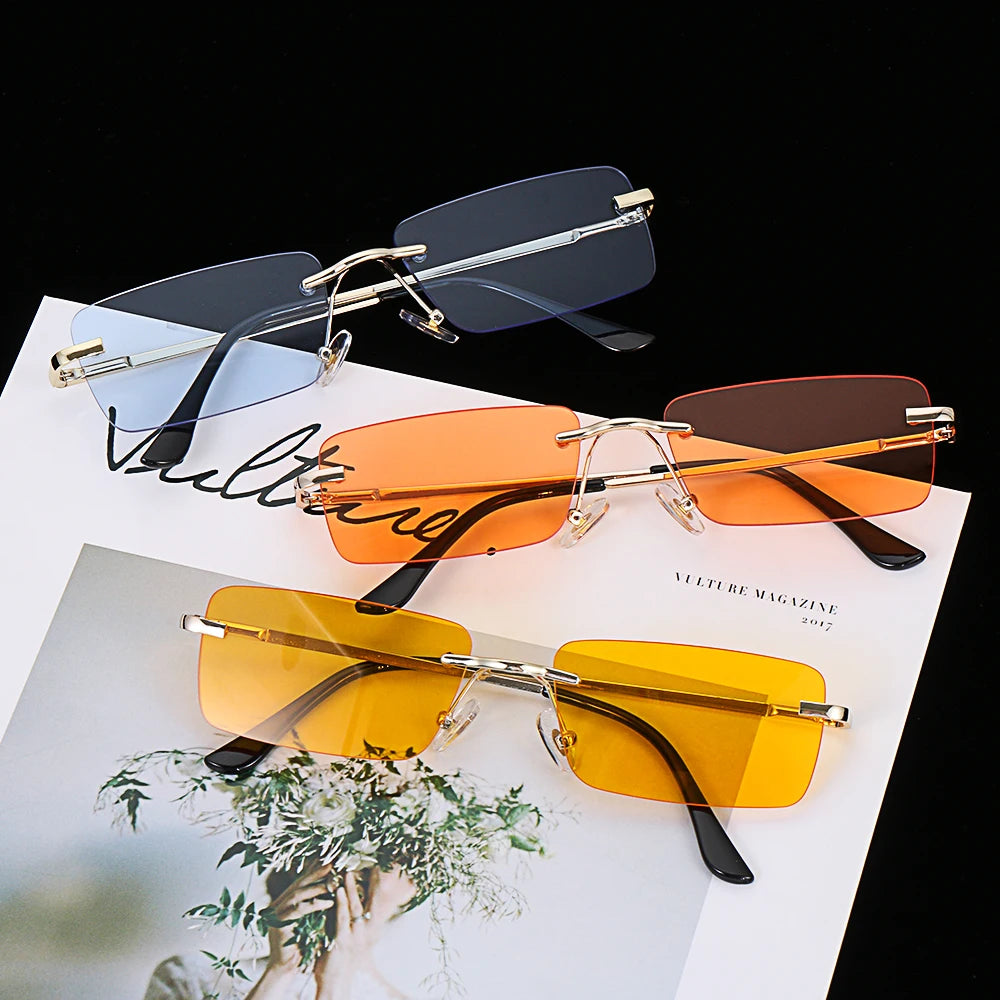 Traveling Style Mountaineering Sunglasses for Men Women UV400 Shades Rectangle Rimless Eyeglasses Gradient Colors Eyewear